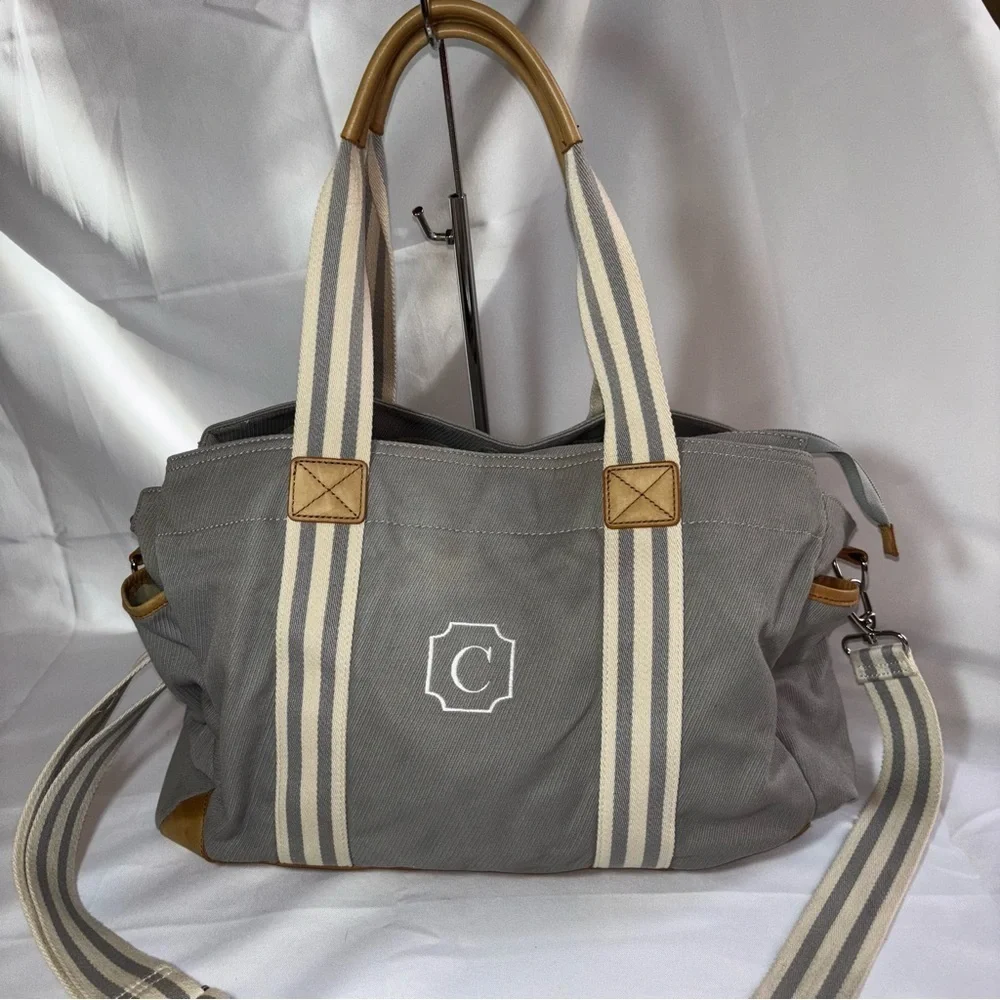 Pottery Barn Kids Gray and Brown Classic Baby Diaper Bag with Initial C
